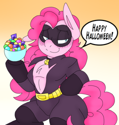 Size: 1700x1785 | Tagged: safe, artist:blackbewhite2k7, pinkie pie, earth pony, pony, bowl, candy, catsuit, catwoman, clothes, costume, domino mask, food, halloween, holiday