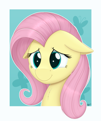 Size: 2874x3435 | Tagged: safe, artist:arcane-thunder, fluttershy, pegasus, pony, bust, cute, female, floppy ears, mare, portrait, shyabetes, simple background, smiling, solo