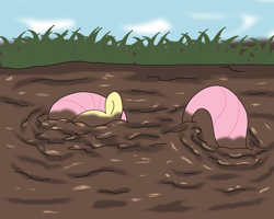 Size: 2000x1600 | Tagged: safe, artist:amateur-draw, fluttershy, pegasus, pony, female, mare, messy, mud, muddy, sinking, solo, wet and messy