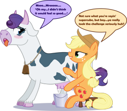Size: 2462x2152 | Tagged: safe, artist:blupolicebox, applejack, rarity, cow, earth pony, pony, aftermath, ahegao, bedroom eyes, bell, blushing, bucket, cowbell, cowified, dialogue, duo, duo female, female, female orgasm, floppy ears, grin, high res, implied lesbian, implied rarijack, implied shipping, lesbian, looking at each other, looking back, looking forward, milk, milking, moo, open mouth, orgasm, raricow, show accurate, simple background, sitting, smiling, species swap, speech bubble, speech change, stool, tongue out, transformed, transparent background, udder