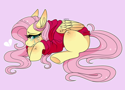 Size: 1280x914 | Tagged: safe, artist:serkittyy, fluttershy, pegasus, pony, clothes, crying, female, heart, heartbreak, hoodie, lying down, sad, simple background, solo, wings