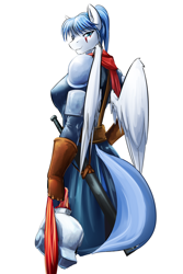 Size: 960x1440 | Tagged: safe, artist:d-lowell, oc, oc only, oc:valkyrie, anthro, pegasus, anthro oc, armor, clothes, female, looking at you, looking back, mare, simple background, smiling, solo, sword, weapon, white background