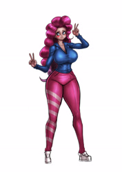 Size: 2480x3508 | Tagged: safe, artist:franschesco, pinkie pie, human, big breasts, breasts, cleavage, clothes, cute, female, humanized, leggings, pants, peace sign, pinkie pies, shoes, simple background, sneakers, solo, sweater, thick, white background