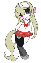 Size: 2879x4407 | Tagged: safe, artist:wickedsilly, oc, oc only, oc:cherry blossom, pony, unicorn, absurd resolution, belly button, bikini, bipedal, blushing, bow, clothes, congenital amputee, cute, ear fluff, female, hair bow, looking at you, mare, midriff, polka dots, prosthetic limb, prosthetics, simple background, solo, swimsuit, white background