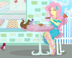 Size: 1024x819 | Tagged: safe, artist:yoshimarsart, fluttershy, bird, squirrel, equestria girls, equestria girls series, cafe, clothes, deviantart watermark, dress, feet, female, geode of fauna, magical geodes, obtrusive watermark, sandals, solo, watermark