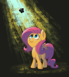 Size: 1404x1551 | Tagged: safe, artist:docwario, fluttershy, butterfly, pegasus, pony, crepuscular rays, female, looking at something, looking up, smiling, solo, spread wings, standing, three quarter view, wings