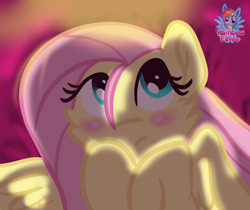 Size: 1140x959 | Tagged: safe, artist:rainbow eevee, fluttershy, pegasus, pony, bed, blushing, cheek fluff, cute, female, hooves to the chest, looking away, looking up, mare, night, shadow, solo, spread wings, stray strand, wings