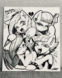 Size: 1620x2048 | Tagged: safe, artist:bbtasu, limestone pie, marble pie, maud pie, pinkie pie, earth pony, pony, band, bass guitar, drumsticks, ear piercing, electric guitar, female, guitar, mare, microphone, musical instrument, pie sisters, piercing, siblings, singing, sisters, traditional art