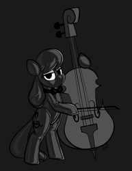 Size: 2550x3300 | Tagged: safe, artist:latexia, octavia melody, earth pony, pony, bipedal, bipedal leaning, bow, bowtie, cello, dark, hood, hoof hold, latex, latex suit, leaning, lidded eyes, musical instrument, solo