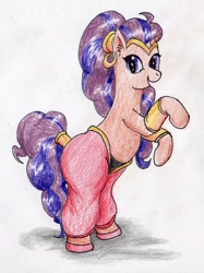 Size: 1689x2256 | Tagged: safe, artist:40kponyguy, derpibooru exclusive, saffron masala, pony, unicorn, clothes, cosplay, costume, crossover, ear piercing, earring, female, genie, jewelry, looking at you, piercing, rearing, requested art, shantae, shantae (character), simple background, solo, traditional art, white background