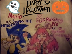 Size: 1080x806 | Tagged: safe, pinkie pie, equestria girls, clothes, cosplay, costume, crossover, crossover shipping, halloween, holiday, mario, mariopie, nozomi yumehara, shipping, sonic the hedgehog, sonic the hedgehog (series), super mario bros., traditional art, yes precure 5 gogo