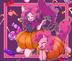 Size: 2600x2200 | Tagged: safe, artist:uuunicorn23, pinkie pie, earth pony, pony, equestria girls, eyes closed, female, mare, open mouth, pumpkin, self ponidox, solo