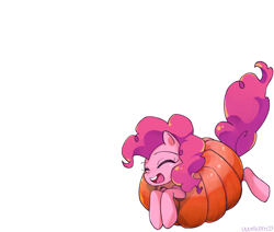 Size: 2600x2200 | Tagged: safe, artist:uuunicorn23, pinkie pie, earth pony, pony, cute, diapinkes, eyes closed, female, high res, mare, open mouth, pixiv, pumpkin, simple background, solo, white background