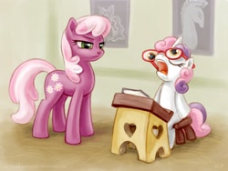 Size: 1000x750 | Tagged: safe, artist:kp-shadowsquirrel, cheerilee, sweetie belle, earth pony, pony, unicorn, desk, drool, duo, duo female, female, filly, glasses, mare, school, sitting, sleeping, sleeping in class, snoring, sweetie fail, teacher and student, unamused