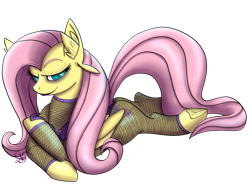 Size: 1280x994 | Tagged: safe, artist:twoshoesmcgee, fluttershy, pegasus, pony, fishnet stockings, lipstick, prone, simple background, solo, transparent background