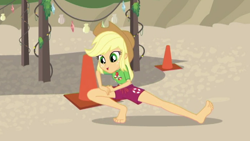 Size: 706x397 | Tagged: safe, screencap, applejack, better together, equestria girls, turf war, barefoot, beach, clothes, cropped, feet, female, legs, lifeguard, sexy, shorts, solo, swimsuit