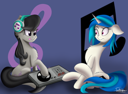 Size: 950x700 | Tagged: safe, artist:sadtrooper, dj pon-3, octavia melody, vinyl scratch, earth pony, pony, :p, accessory theft, chest fluff, cutie mark background, duo, headphones, leg fluff, signature, sitting, tongue out, turntable, uncertain