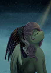 Size: 1800x2600 | Tagged: safe, artist:skitsroom, fluttershy, pegasus, pony, crying, eyes closed, female, headdress, mare, rain, solo