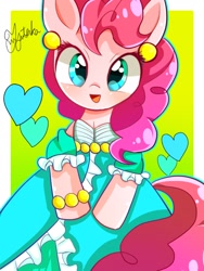 Size: 900x1200 | Tagged: safe, artist:yuyutsuka_0130, pinkie pie, earth pony, pony, bipedal, clothes, cute, diapinkes, dress, ear piercing, earring, female, happy, heart, jewelry, looking at you, mare, piercing, solo