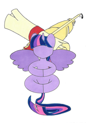 Size: 705x1000 | Tagged: safe, artist:akayuki, twilight sparkle, twilight sparkle (alicorn), alicorn, pony, no face, quill, scroll, simple background, sitting, solo, spread wings, white background