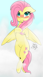 Size: 1080x1920 | Tagged: safe, artist:francis.w, fluttershy, pegasus, pony, base used, blushing, cute, female, flying, hooves to the chest, mare, shyabetes, smiling, solo, spread wings, wings