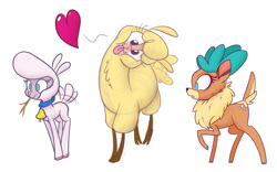 Size: 1280x800 | Tagged: safe, artist:heir-of-rick, paprika paca, pom lamb, velvet reindeer, alpaca, deer, lamb, reindeer, sheep, them's fightin' herds, behaving like a dog, community related, heart, looking at you, simple background, tongue out, white background