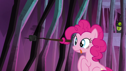 Size: 1280x720 | Tagged: safe, screencap, pinkie pie, earth pony, pony, school raze, burned, cage, cute, faic, female, food, mare, marshmallow, pinkie being pinkie, prehensile mane, solo focus, stick, tartarus, tongue out