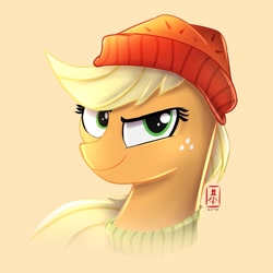 Size: 1280x1280 | Tagged: safe, artist:wildetrashbag, applejack, earth pony, pony, beanie, captain jackbeard, clothes, dreamworks face, female, freckles, hat, mare, simple background, smiling, solo, sweater, turtleneck