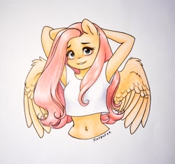 Size: 2472x2318 | Tagged: safe, artist:katputze, fluttershy, anthro, pegasus, belly button, bellyring, clothes, cute, female, looking at you, mare, midriff, piercing, shirt, shyabetes, solo, traditional art