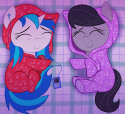 Size: 2160x1967 | Tagged: safe, artist:spellboundcanvas, dj pon-3, octavia melody, vinyl scratch, earth pony, pony, clothes, cute, duo, earbuds, foal, footed sleeper, ipod, pajamas, sleeping