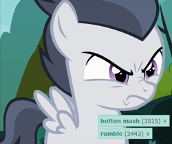 Size: 876x736 | Tagged: safe, edit, edited screencap, screencap, button mash, rumble, pegasus, pony, marks and recreation, angry, colt, comparison, cropped, derpibooru, male, meta, op is a cuck, rumble is not amused, solo, tags