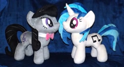 Size: 1280x695 | Tagged: safe, artist:peruserofpieces, dj pon-3, octavia melody, vinyl scratch, earth pony, pony, unicorn, bow, bowtie, duo, facing each other, female, implied lesbian, implied scratchtavia, implied shipping, irl, mare, necktie, photo, plushie, profile, smiling, toy