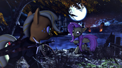 Size: 3840x2160 | Tagged: safe, artist:dj-chopin, applejack, fluttershy, bat pony, vampire, vampony, 3d, crossover, flutterbat, lyrics in the description, moonlight, race swap, ship, silver sword, source filmmaker, sword, the witcher, weapon