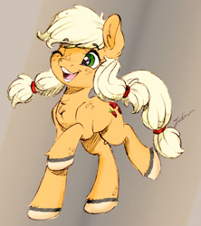 Size: 1489x1676 | Tagged: safe, artist:faline-art, color edit, edit, applejack, earth pony, pony, alternate hairstyle, bucktooth, color, colored, cute, female, filly, freckles, happy, jackabetes, one eye closed, open mouth, pigtails, simple background, smiling, solo, teenage applejack, teenager, traditional art, wip