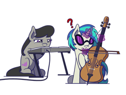 Size: 1280x960 | Tagged: safe, artist:flutterluv, dj pon-3, octavia melody, vinyl scratch, earth pony, pony, unicorn, accessory swap, bow (instrument), cello, duo, musical instrument, question mark, simple background, transparent background, turntable