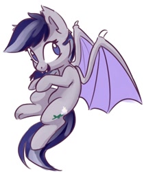 Size: 778x926 | Tagged: safe, artist:lilfunkman, oc, oc only, oc:daturea eventide, bat pony, pony, cute, cute little fangs, fangs, flying, simple background, solo, white background