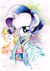 Size: 2391x3419 | Tagged: safe, artist:mashiromiku, applejack, rarity, earth pony, pony, unicorn, clothes, female, kimono (clothing), mare, traditional art, watercolor painting