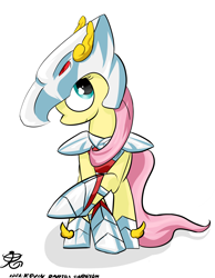 Size: 2755x3542 | Tagged: safe, artist:ruiont, fluttershy, pegasus, pony, armor, badass, female, flutterbadass, high res, hooves, mare, pegasus seiya, saint seiya, simple background, solo, white background