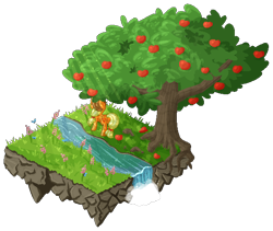 Size: 570x480 | Tagged: safe, artist:ak4neh, applejack, earth pony, pony, apple, apple tree, flower, food, isometric, pixel art, river, scenery, simple background, transparent background, tree