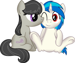 Size: 1001x843 | Tagged: safe, artist:jakage, dj pon-3, octavia melody, vinyl scratch, earth pony, pony, unicorn, cute, daaaaaaaaaaaw, featureless crotch, female, hnnng, kiss on the cheek, kissing, lesbian, mare, one eye closed, scratchtavia, shipping, simple background, smiling, tavibetes, transparent background, vector, vinylbetes, wrong eye color