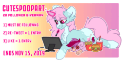 Size: 1100x550 | Tagged: safe, artist:spoopygander, oc, oc:cayde, oc:scoops, griffon, pony, unicorn, animated, burger, button eyes, cheese, chest fluff, chips, claws, coat markings, cutie mark, drawing, drink, ear fluff, eyebrows, female, follower milestone, food, freckles, french fries, gif, giveaway, happy, horn, leonine tail, lettuce, magic, male, mare, meta, multicolored hair, patty, raffle, smiling, straw, text, tomato, twitter, wings