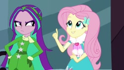 Size: 1280x720 | Tagged: safe, artist:bigpurplemuppet99, artist:karmenliinak231, edit, edited screencap, screencap, aria blaze, fluttershy, better together, equestria girls, street chic, ariashy, clothes, female, flutterblaze, lesbian, scarf, shipping