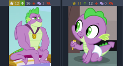 Size: 459x248 | Tagged: safe, edit, edited screencap, screencap, spike, dragon, baby, baby spike, derpibooru, gigachad spike, juxtaposition, meta, older, older spike, they grow up so fast, winged spike, younger