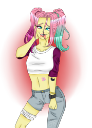 Size: 1000x1400 | Tagged: safe, artist:zima, fluttershy, human, bracelet, crossover, humanized, jewelry, makeup, paint tool sai, ponytail, simple background, solo, suicide squad, tattoo, transparent background