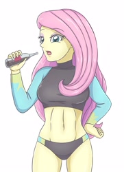 Size: 2480x3425 | Tagged: safe, artist:sumin6301, fluttershy, better together, equestria girls, abs, belly button, bottle, breasts, clothes, drink, female, hand on hip, hootershy, midriff, open mouth, simple background, solo, swimsuit, white background