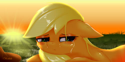 Size: 6400x3200 | Tagged: safe, artist:darksly, applejack, earth pony, pony, cowboy hat, crying, female, hat, mare, sad, stetson, sun, tree