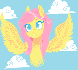 Size: 860x768 | Tagged: safe, artist:squishysquids, fluttershy, pegasus, pony, bust, cloud, colored pupils, cute, female, mare, portrait, shyabetes, sky, solo, spread wings, wings