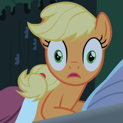 Size: 563x563 | Tagged: safe, screencap, applejack, earth pony, pony, family appreciation day, bed, cropped, solo