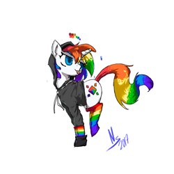 Size: 1417x1417 | Tagged: safe, artist:nsilverdraws, oc, oc only, oc:radical rainbow, unicorn, clothes, hoodie, rainbow hair, rainbow socks, rainbow tail, simple background, socks, solo, striped socks, tongue out, white background