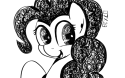 Size: 1280x800 | Tagged: safe, artist:dsana, pinkie pie, earth pony, pony, female, ink drawing, inktober, mare, monochrome, open mouth, raised hoof, simple background, sketch, smiling, solo, traditional art, white background